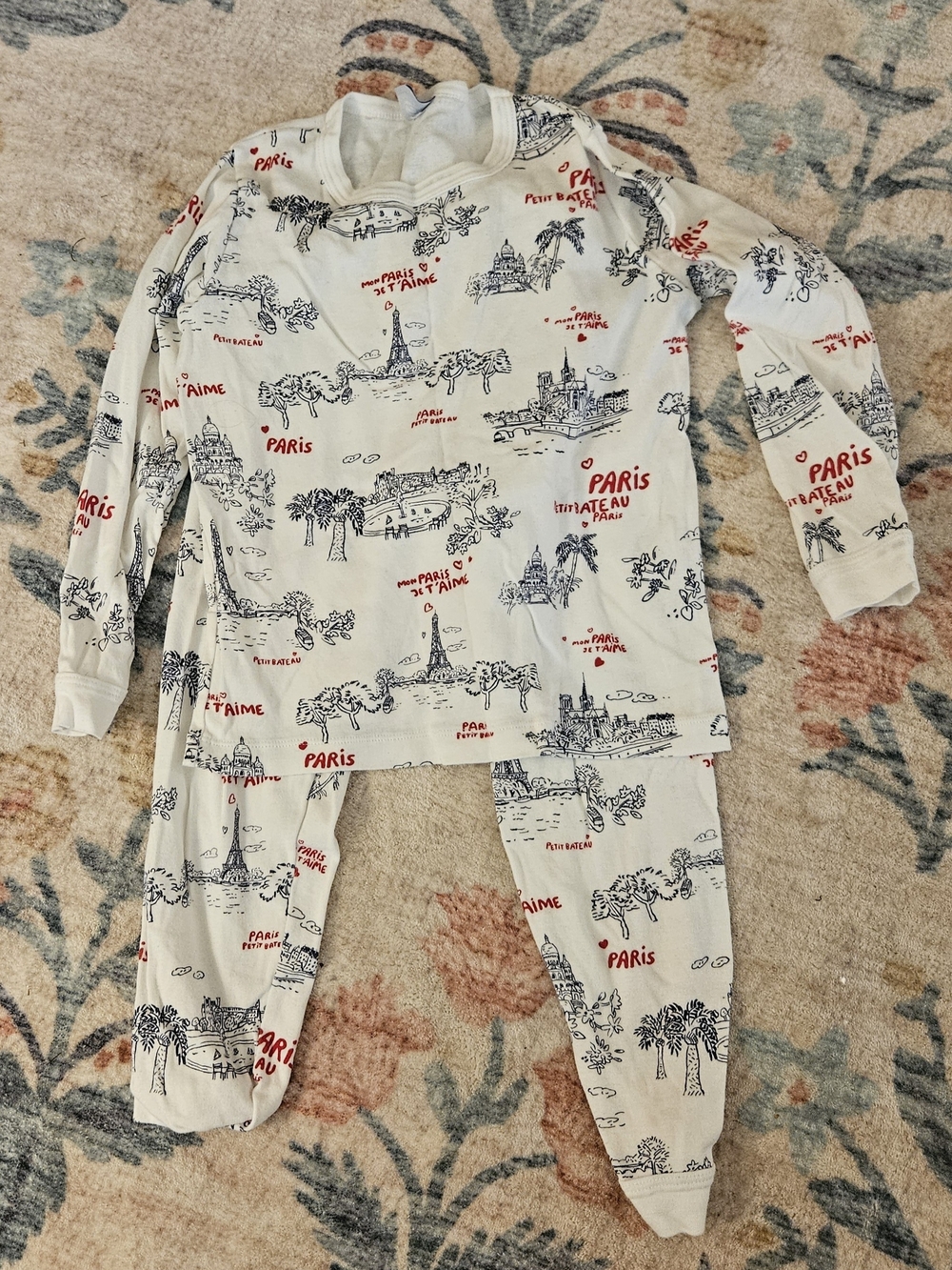 Petit Bateau Cream Paris Print Long-Sleeve Pajama Set with Navy & Red Accents